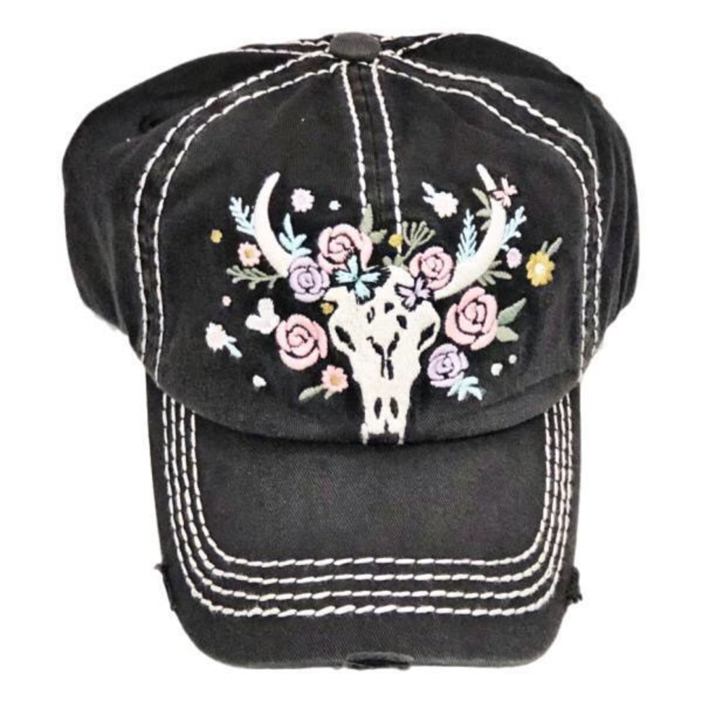 Floral Bull Skull baseball hat